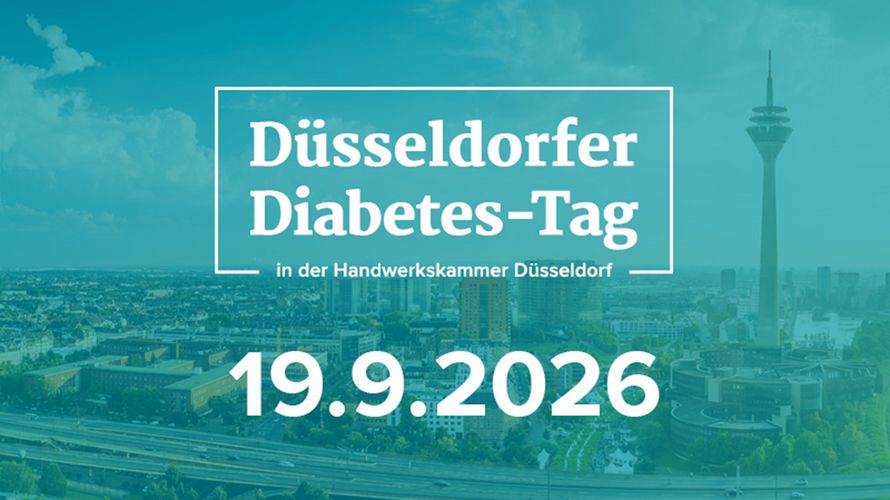 Am 19. September 2026 findet der Düsseldorfer Diabetes-Tag in der Handwerkskammer Düsseldorf statt. © Deutsches Diabetes-Zentrum Text auf blaugrünem Hintergrund, das die Stadt Düsseldorf zeigt, mit der Aufschrift 'Düsseldorfer Diabetes-Tag in der Handwerkskammer Düsseldorf 19.9.2026