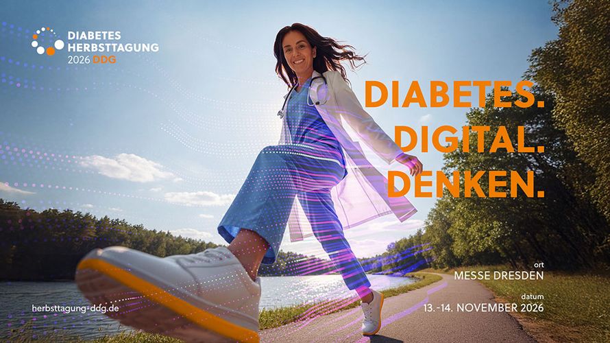 Vom 13. bis 14. November 2026 findet die 20. Diabetes Herbsttagung der Deutschen Diabetes Gesellschaft (DDG) unter dem Motto „Diabetes. Digital. Denken.“ statt. © Deutsche Diabetes Gesellschaft Banner der DDG Diabetes Herbsttagung 2026 mit einer laufenden Ärztin und dem Motto „Diabetes. Digital. Denken.“
